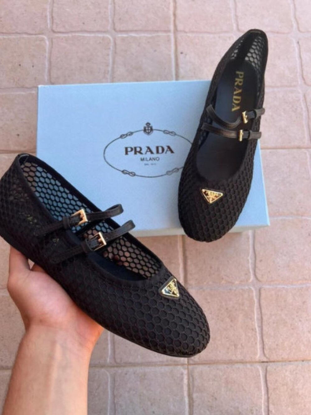 New Prada Mesh Mary Jane Flats with Triangle Logo - Black / Size 38